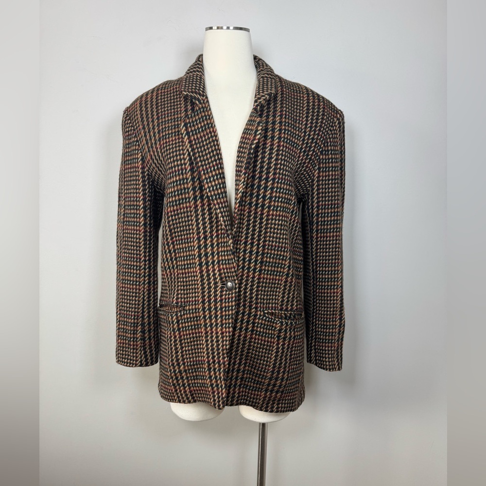 Vintage David Hollis Womens Brown Plaid Single-Button Blazer wool size 4